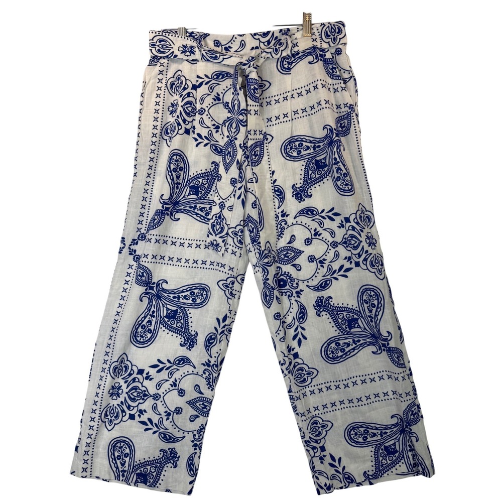 HAVER & BLAIR Woven Wide Leg Pull‎ On Crop Linen Blend Pants Blue/White AOP Sz M